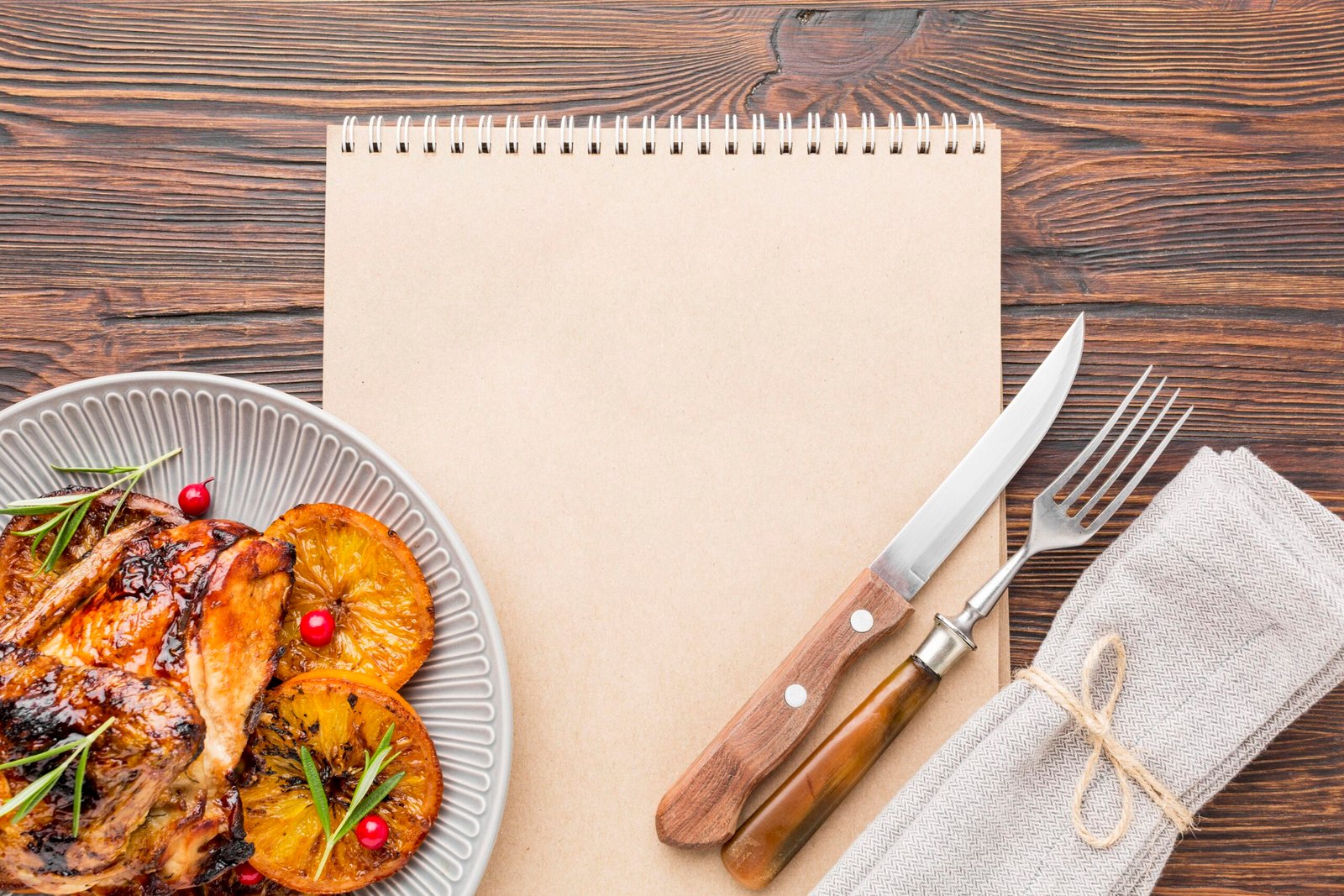 Top View Baked Chicken Orange Slices Plate With Cutlery Blank Notebook
